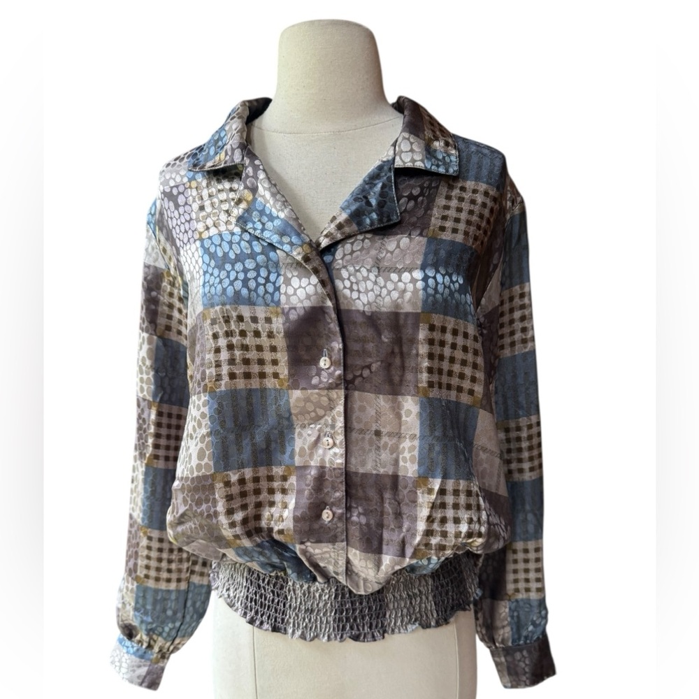 1990s Gianna Poly Front Button Down Smocked Waist Blouse
